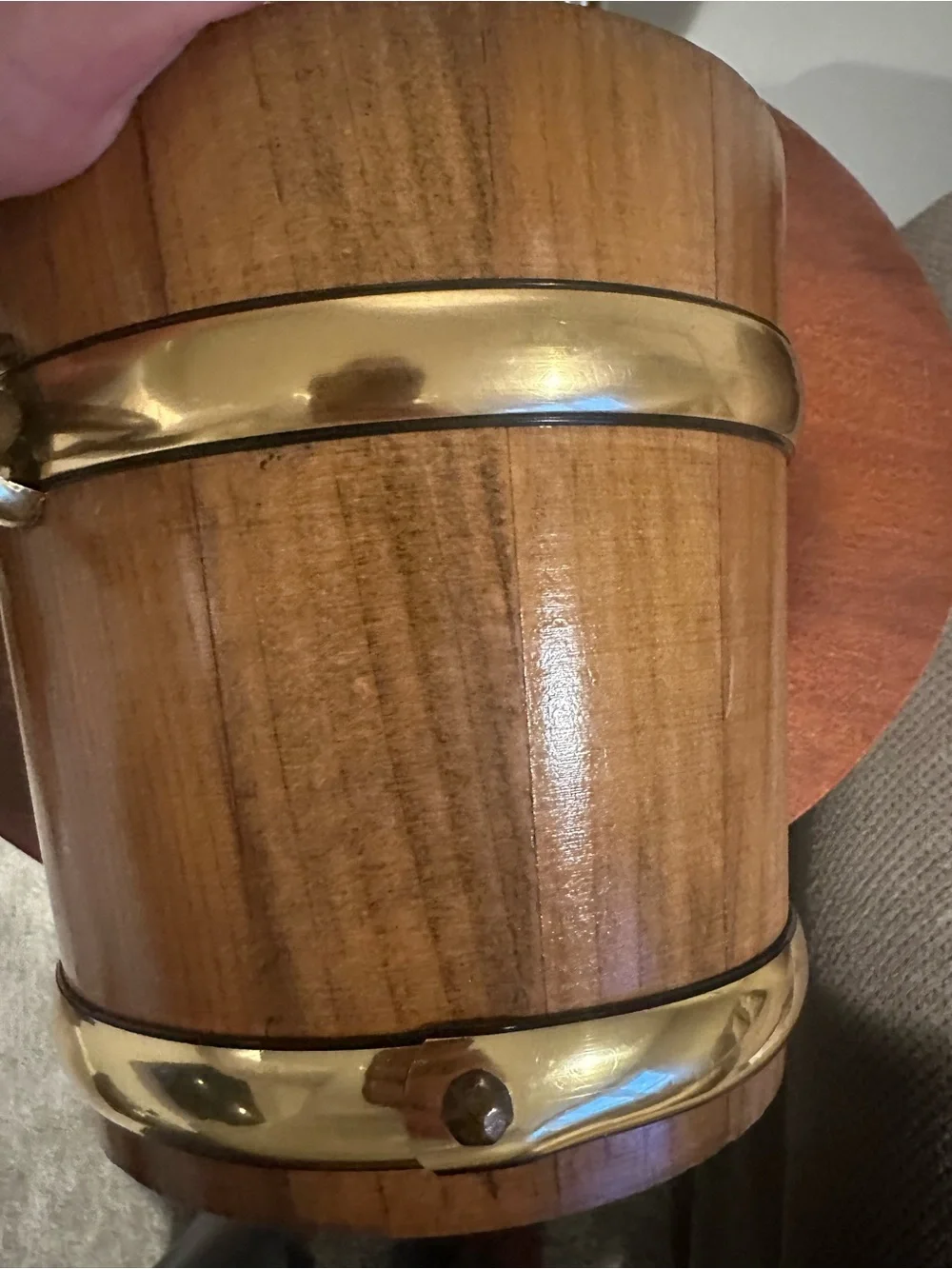 Vintage Kraftware NYC Wood Ice Bucket Brass Bands Nautical Barware MCM
